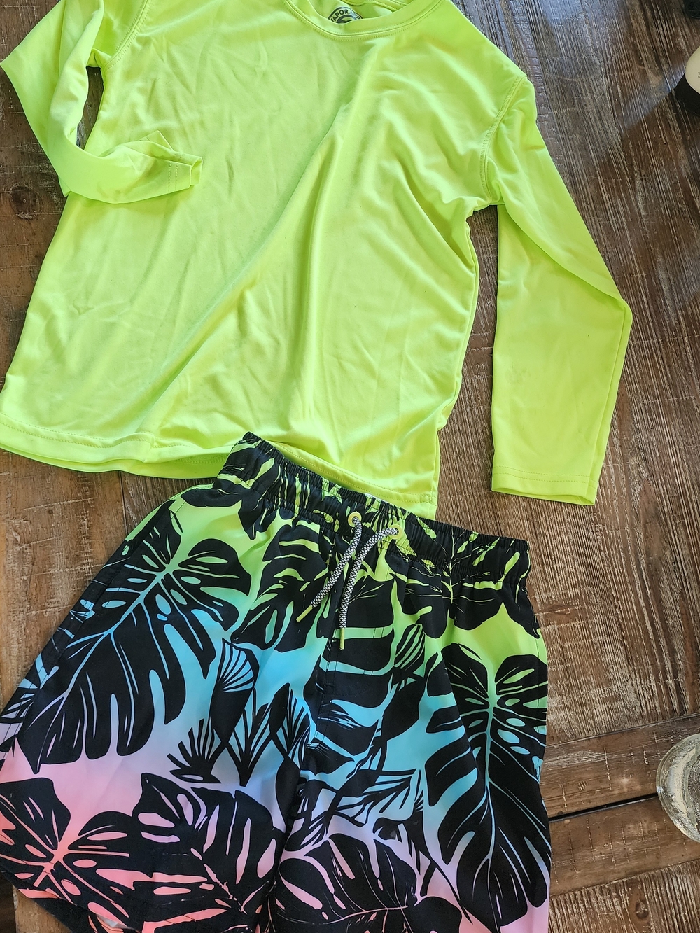 Kids Trunks And Swum Top- Kids Neon Lime Rash Guard & Tropical Swim Trunks Set